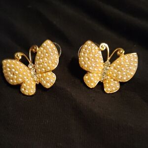 Faux Pearl And Rhinestone Butterfly Earrings